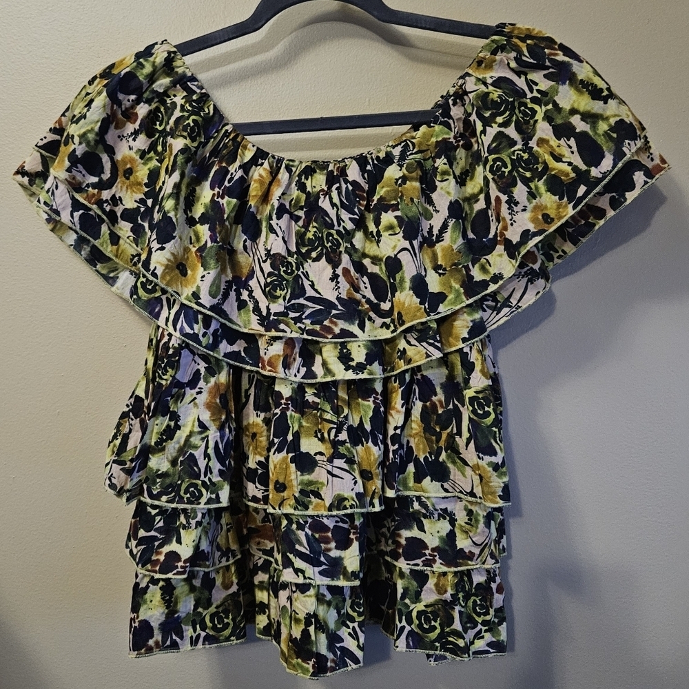 Something Navy Off Shoulder Ruffled Tiered Top Floral Women's Size M 100% Cotton